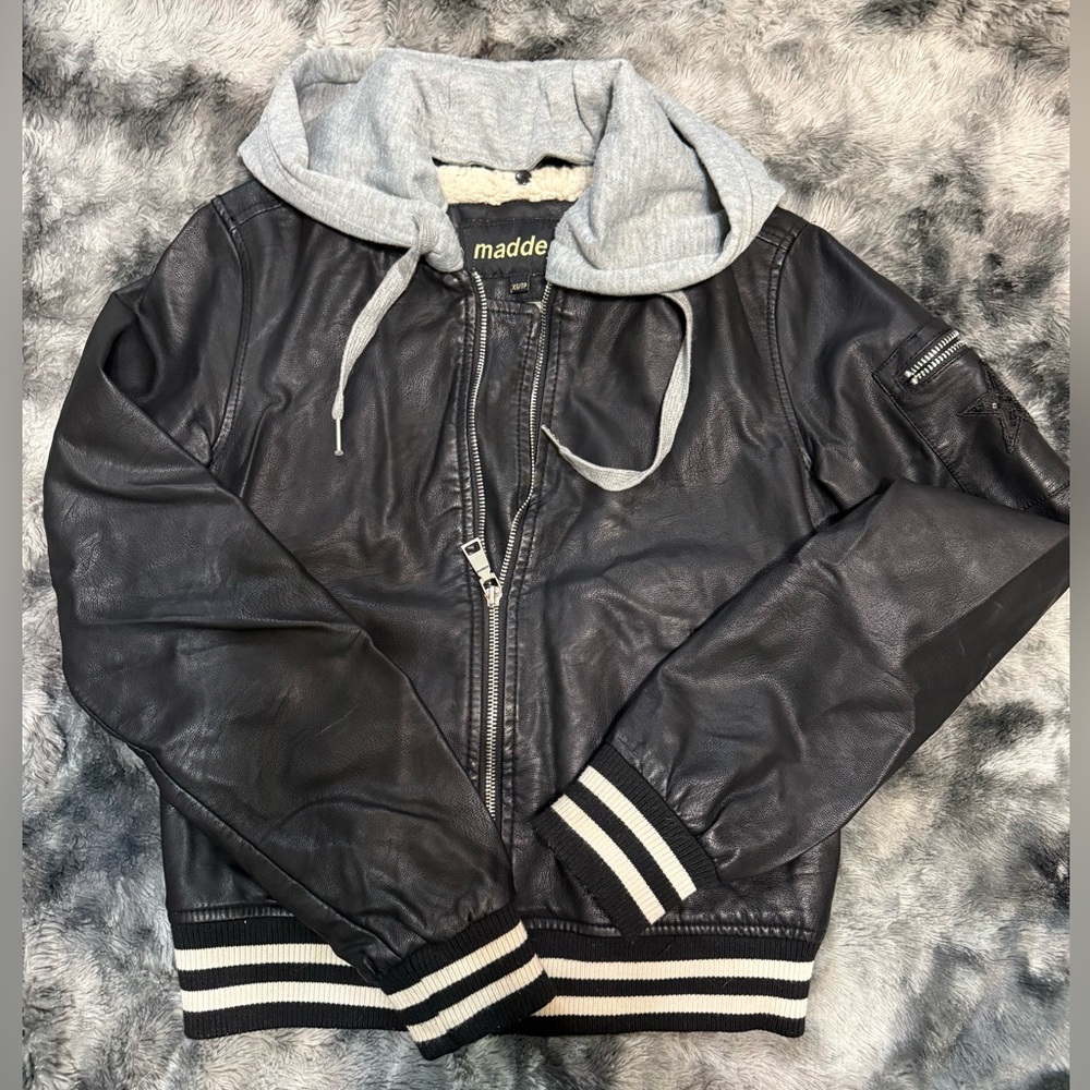 Black Leather Jacket with Gray Hood